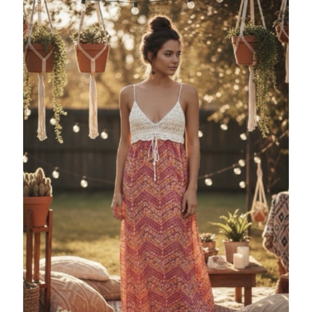 Love Fire Boho Maxi Dress Womens Small Crochet Top Festival Summer